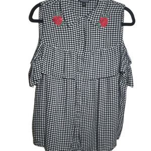 FashionWeb Gingham Cold Shoulder Ruffle Top Shirt Black White 1X Rayon